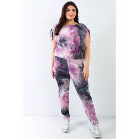 Plus Purple & Black Tie-dye Ruched Shoulder Detail Top & Pants Set