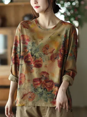 Plus Size Floral Autumn Vintage Women Loose Cotton T-Shirt