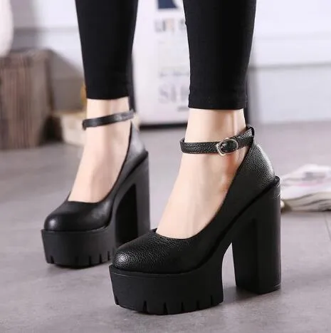 Round Toe Ankle Straps Chunky Heels Pumps Platform Shoes 4813