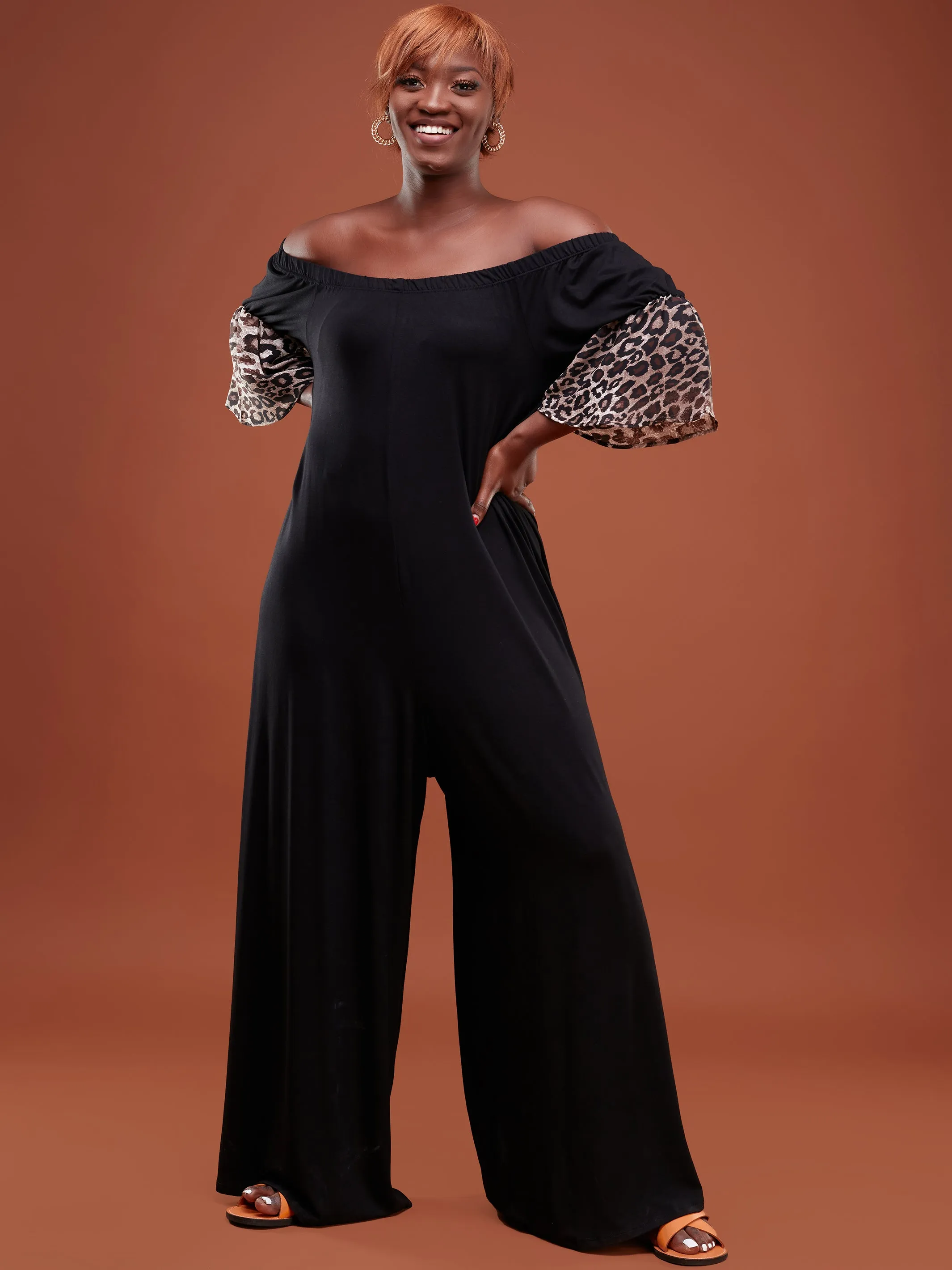 Safari Ayana 3/4 Sleeved Off Shoulder Jumpsuit - Black / Grey Print