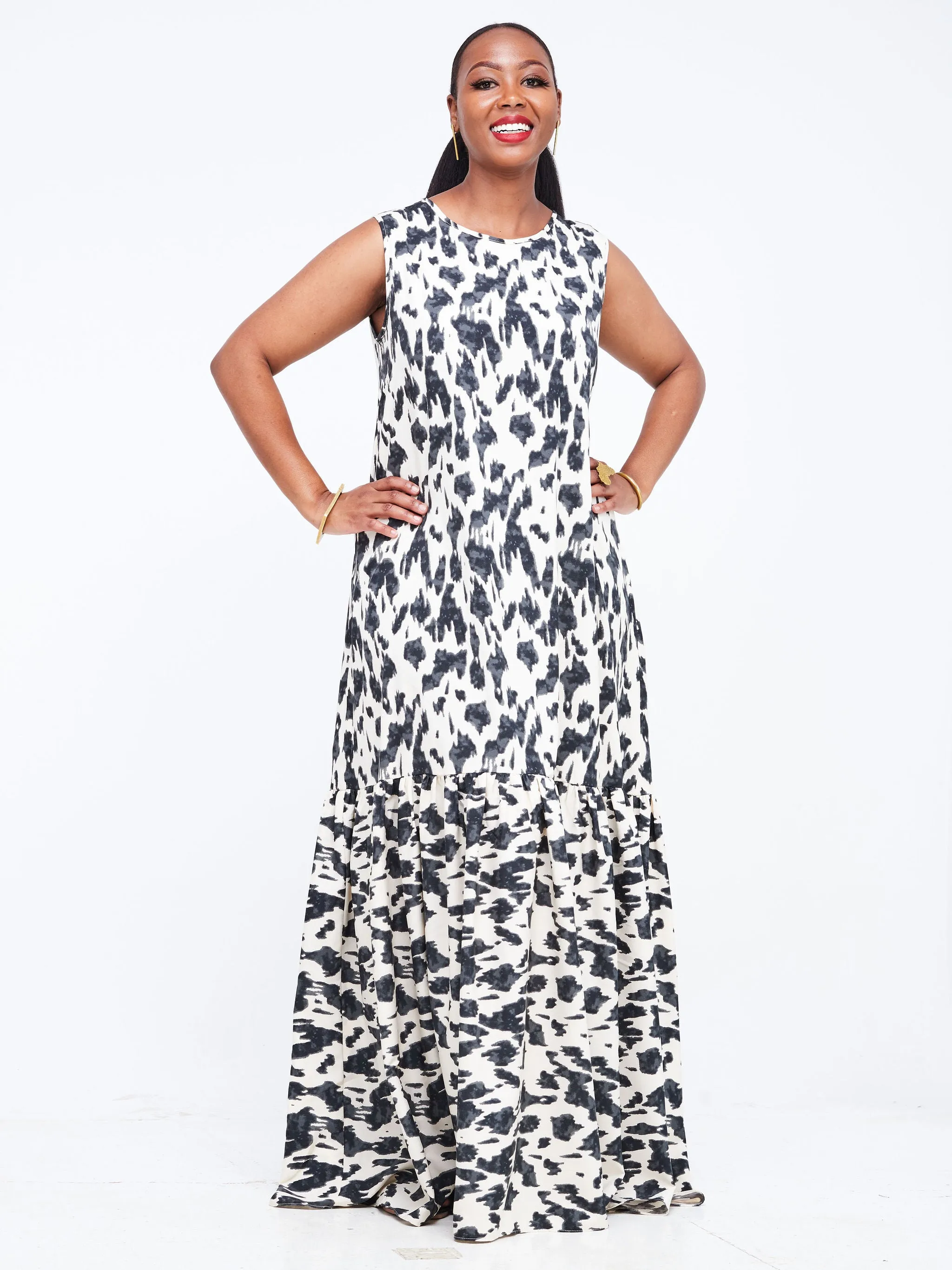 Safari Ayana Sleeveless Maxi Dress - Off White / Grey Animal Print