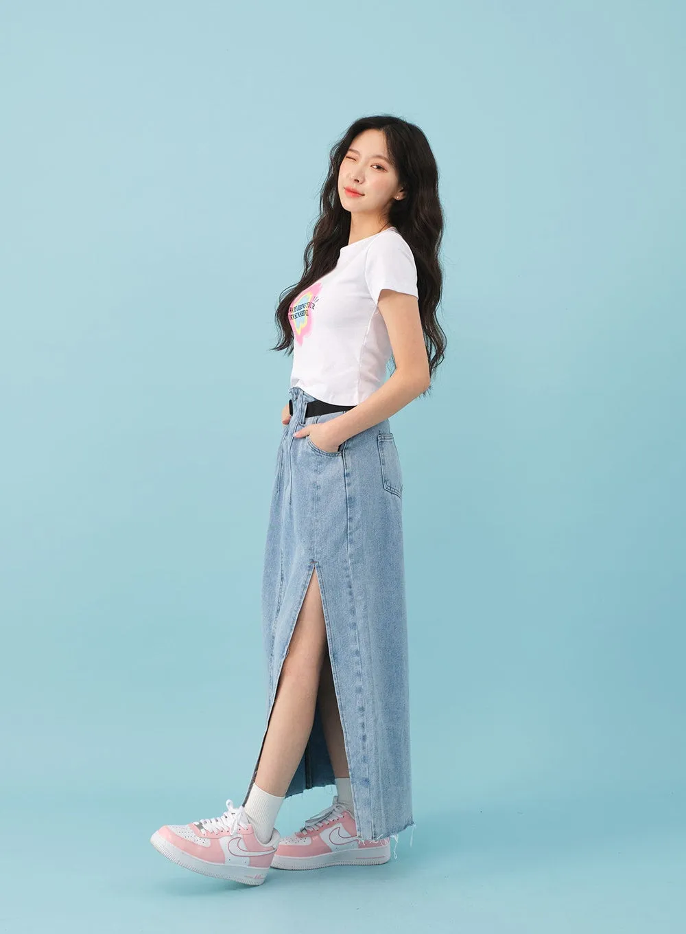 Side Slit Belted Denim Maxi Skirt BJ08