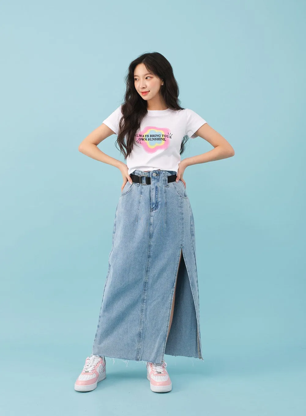 Side Slit Belted Denim Maxi Skirt BJ08