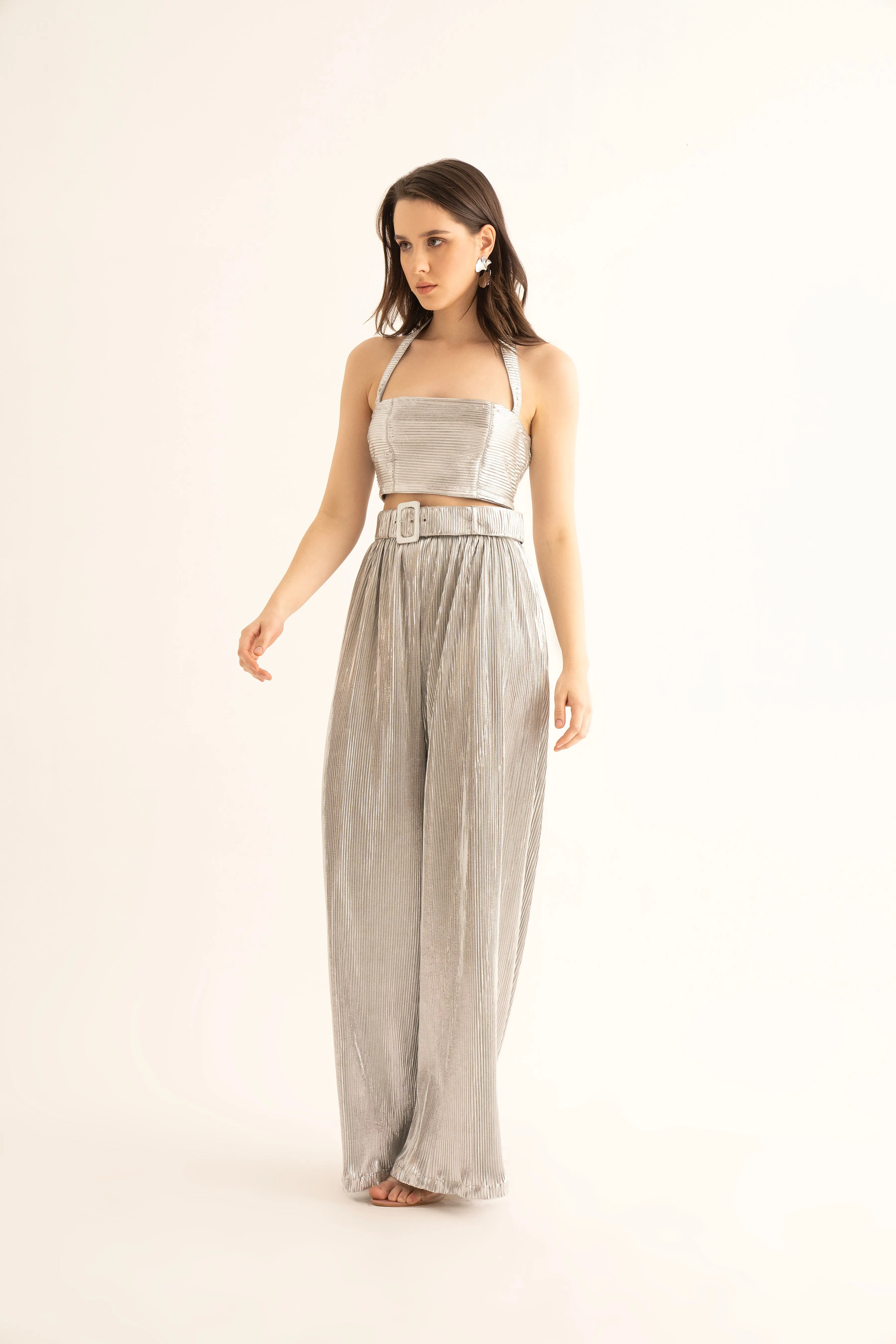 Silver Pleated Belted Pants