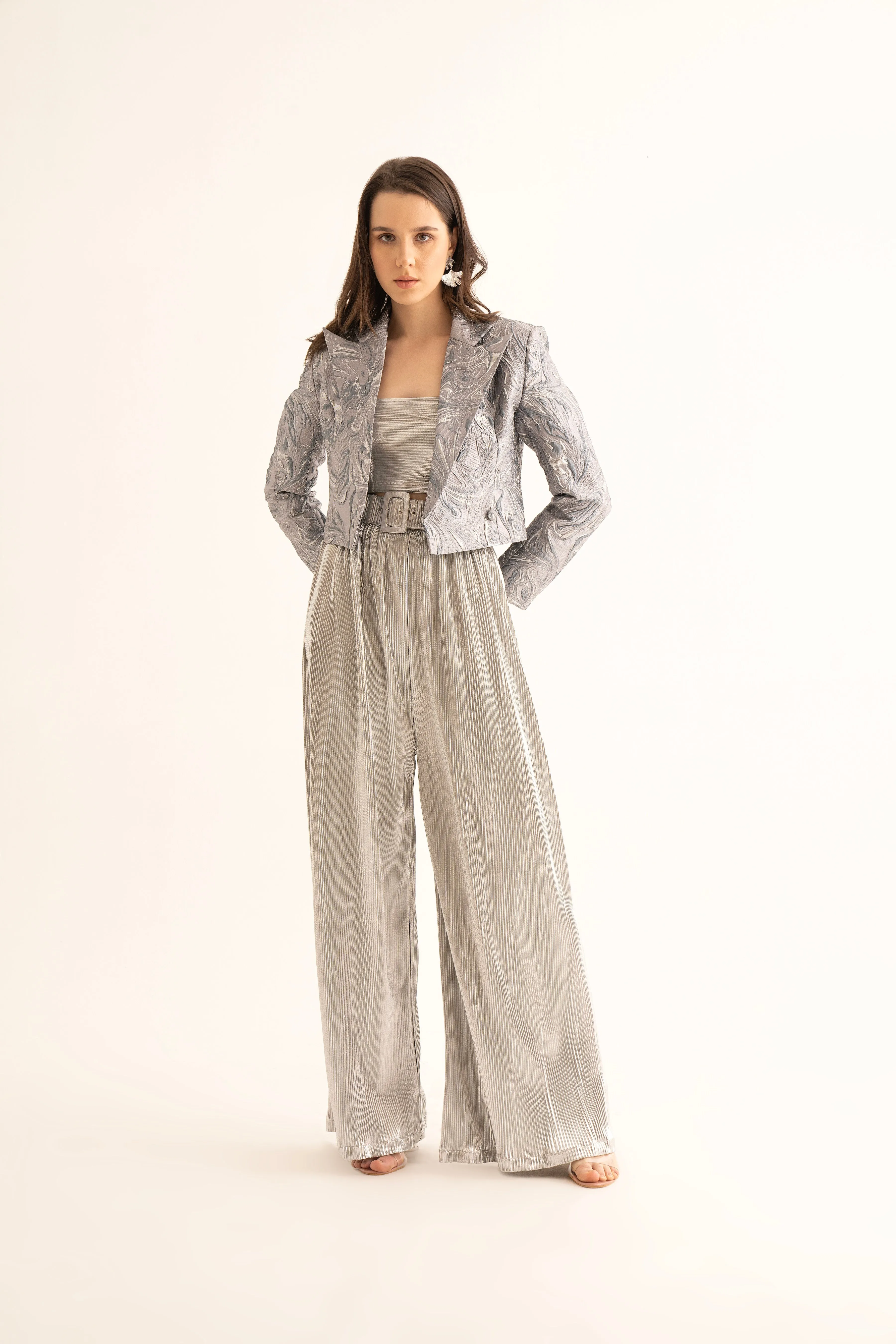 Silver Pleated Belted Pants