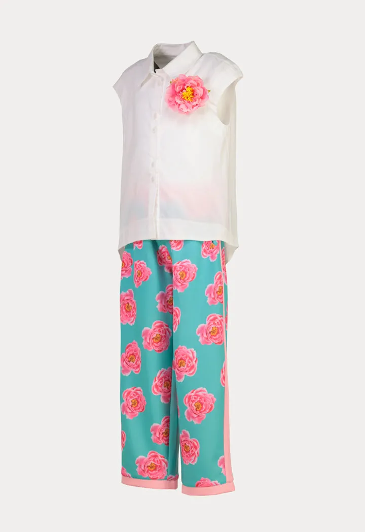 Solid Hi-Low Floral Pattern Shirt And Pants Set