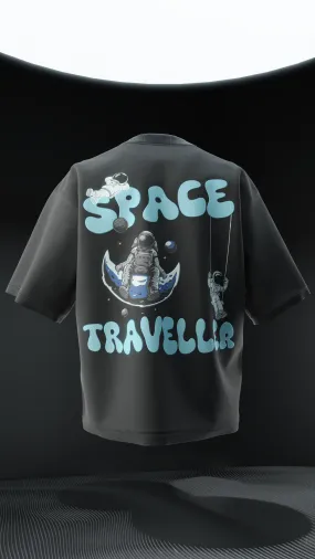 Space Traveller Puff print Oversized T-Shirt (Black)