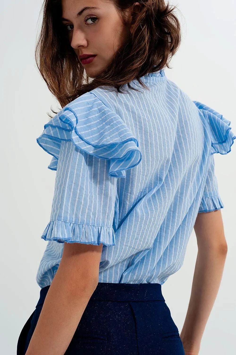 Striped Ruffled Shirt in Blue