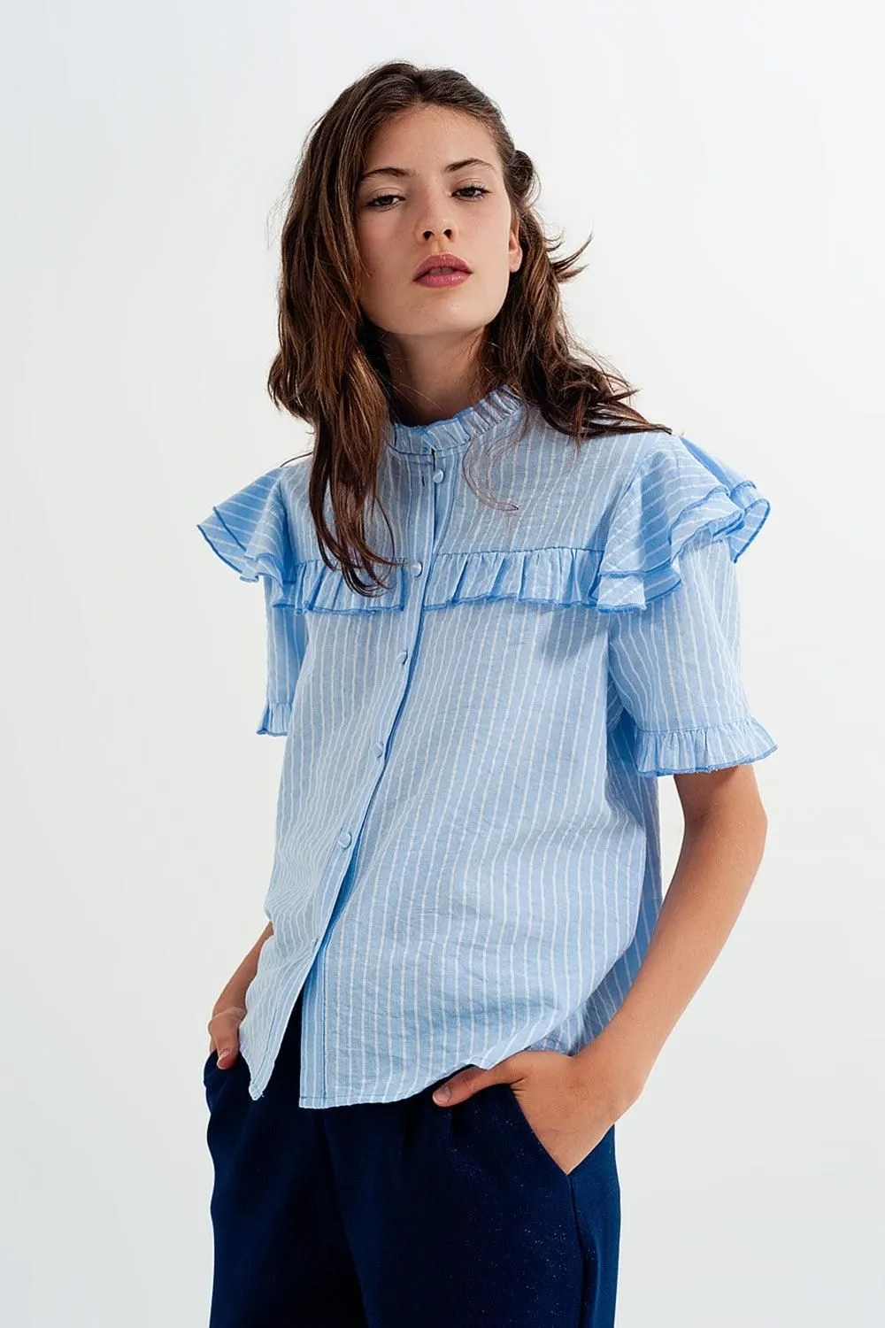 Striped Ruffled Shirt in Blue