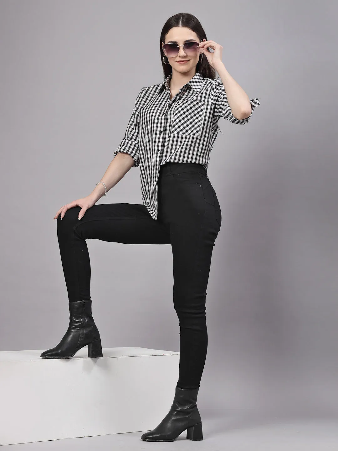 Style Quotient Women Black and White Checks Casual Fit Shirt