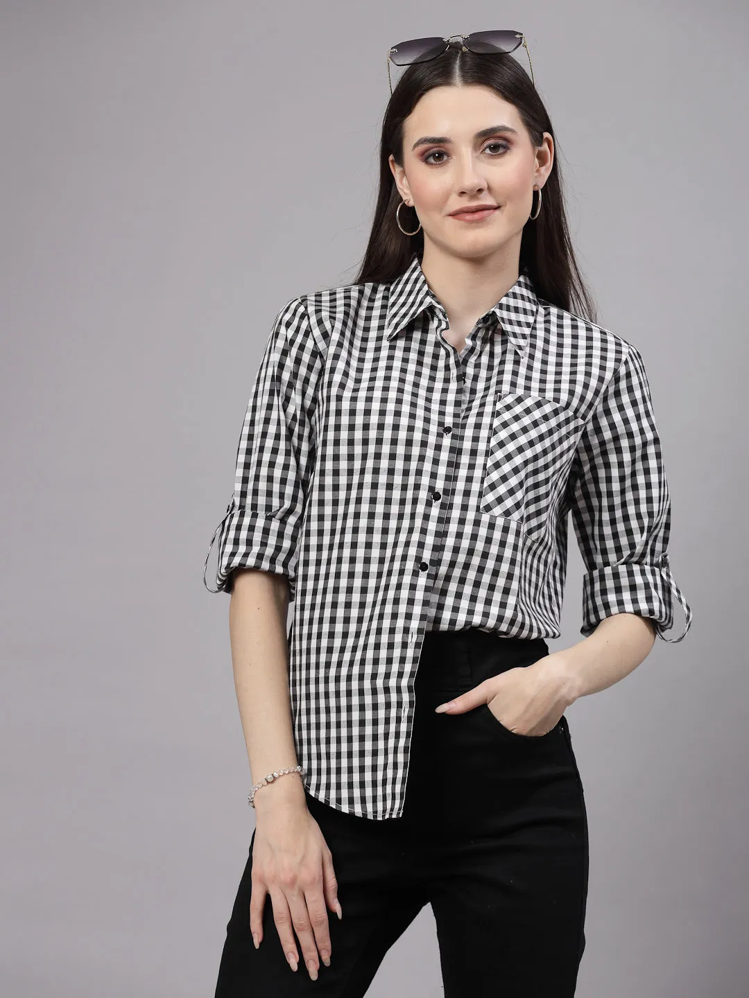 Style Quotient Women Black and White Checks Casual Fit Shirt