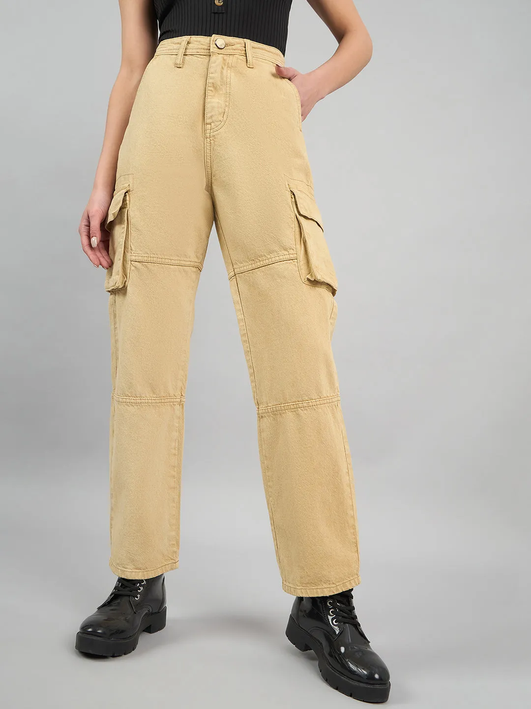 Style Quotient Women Khaki Relaxed Fit High Rise Cargos