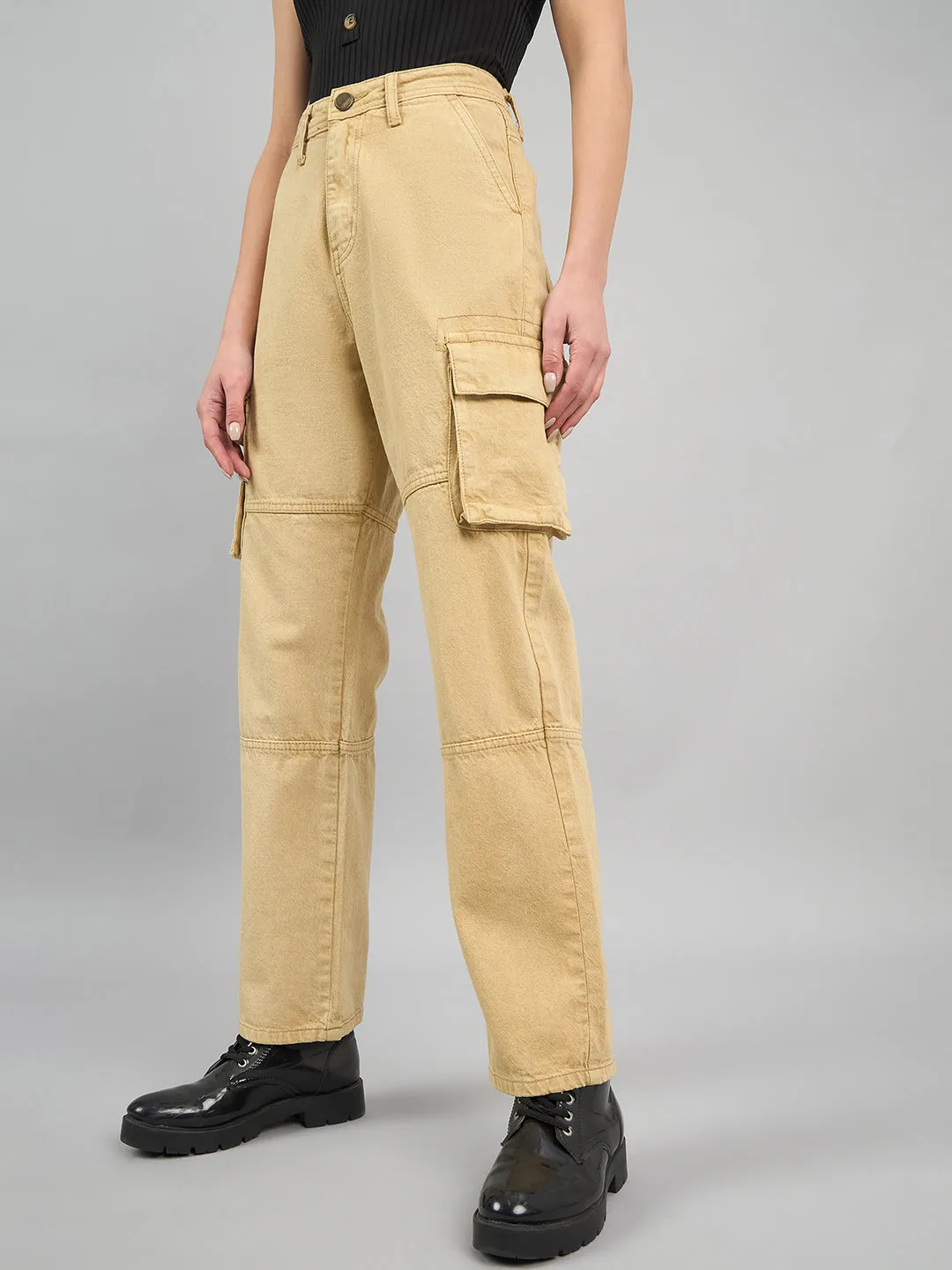 Style Quotient Women Khaki Relaxed Fit High Rise Cargos