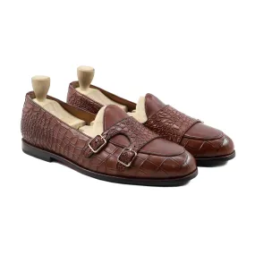 Topeka - Men's Brown Crocodile Printed Leather Double Monkstrap