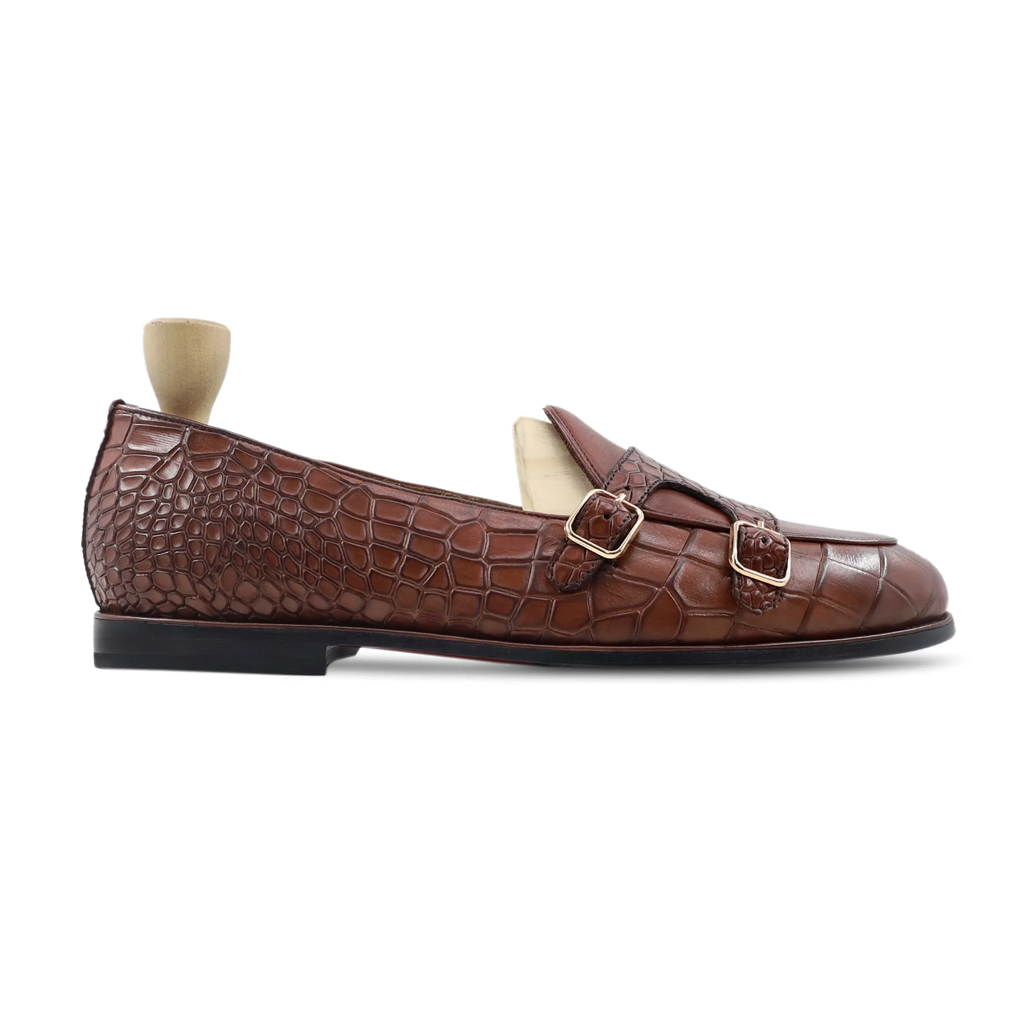 Topeka - Men's Brown Crocodile Printed Leather Double Monkstrap