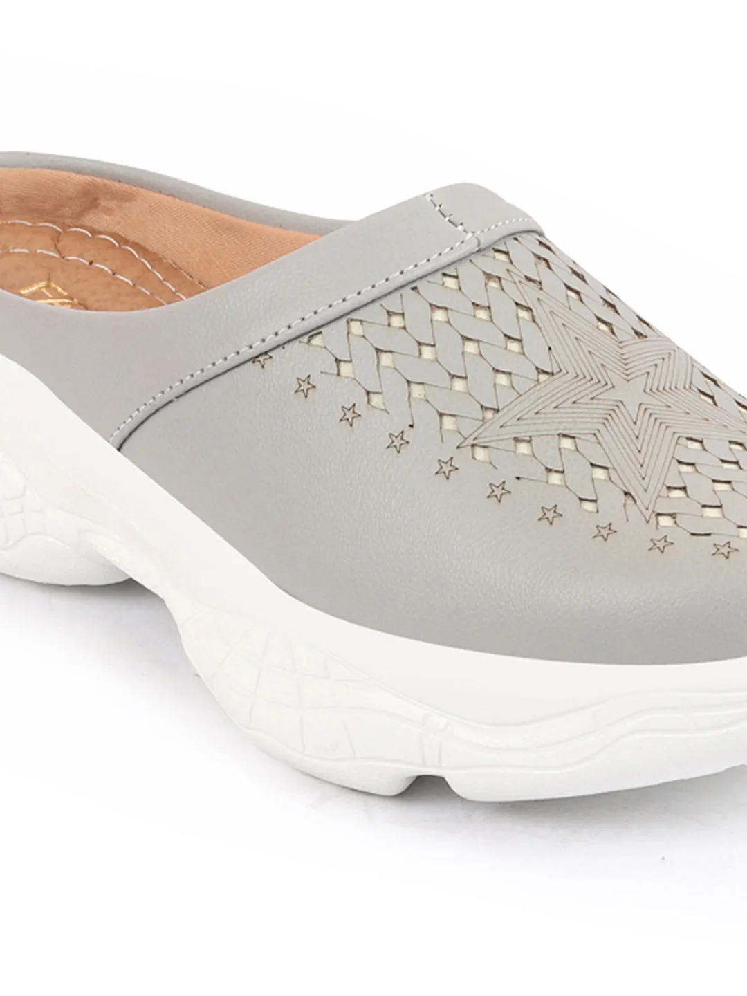 Women Grey Laser Cut Design Stitched Back Open Slip-On Mules Shoes