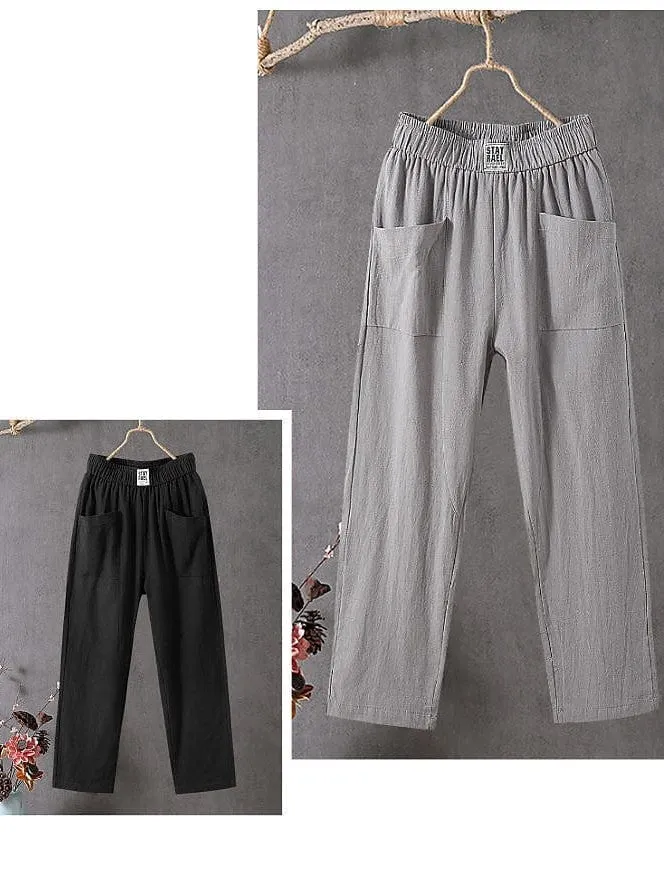 Women's High Waist Linen Cropped Pants with Side Pockets - Black/White - S M